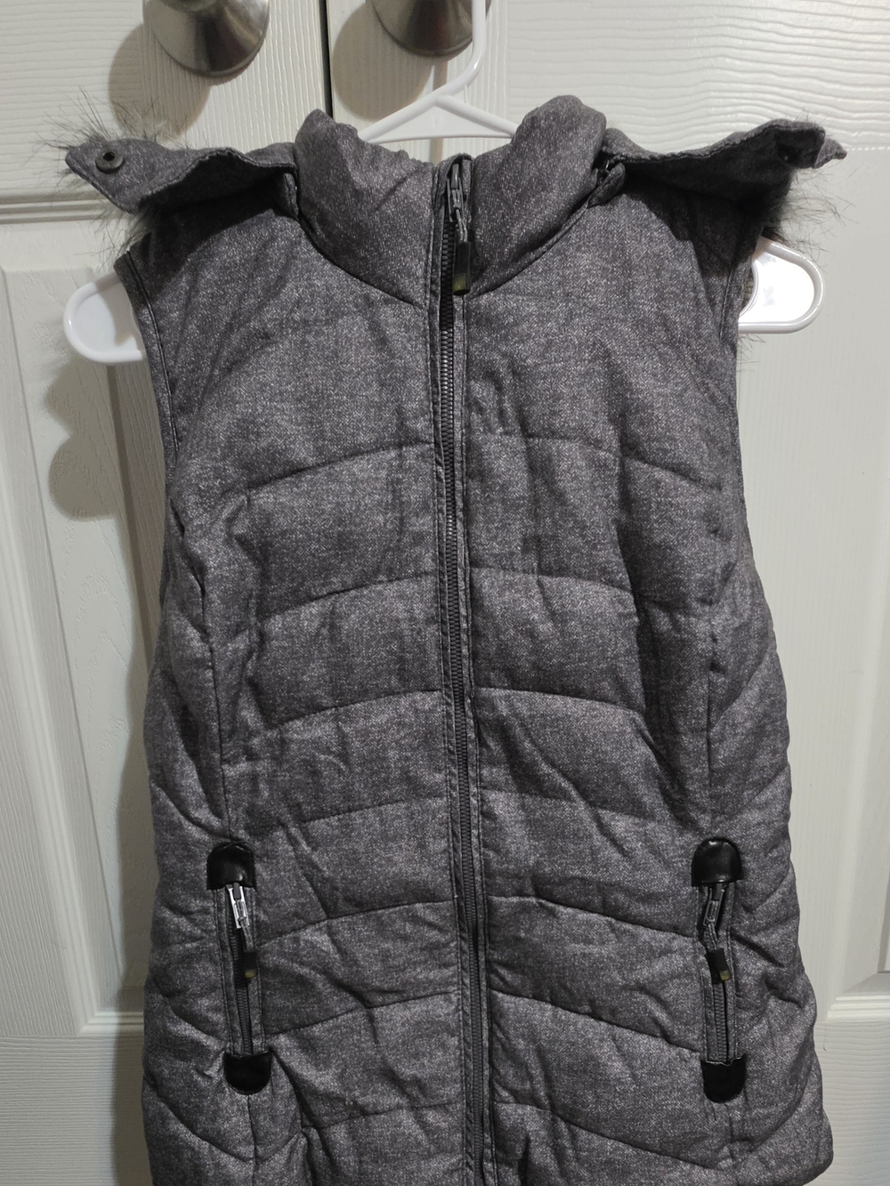 Green Tea Gray Puffer Vest with Faux Fur Hood - Size S